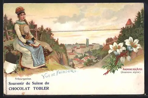 Lithographie Fribourg, Freiburgerin in Tracht, Alpenanemone