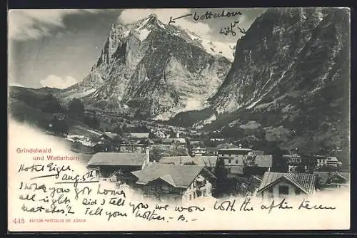 AK Grindelwald, Ortsansicht mit Wetterhorn