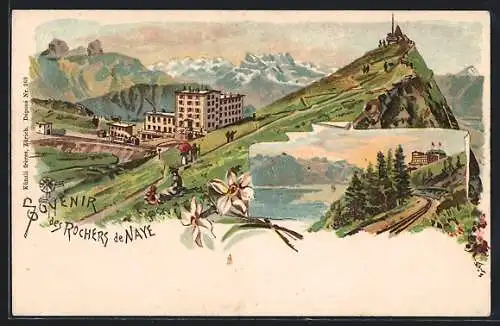 Lithographie Rochers de Naye, Berghotel mit Bergbahn