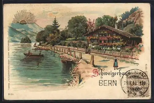 Lithographie Brienz, Schweizerhaus mit aufgehender Sonne, Ruderboot, Frau in Tracht