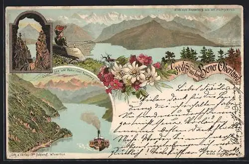 Lithographie Beatenberg, Blick auf Hochgebirge, Thuner See und Bahn nach Beatenberg