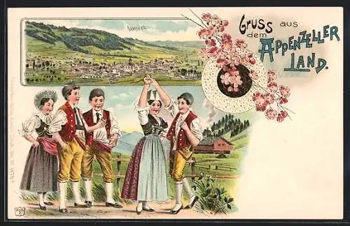 Lithographie Appenzell, Totalansicht, Kinder in Trachten