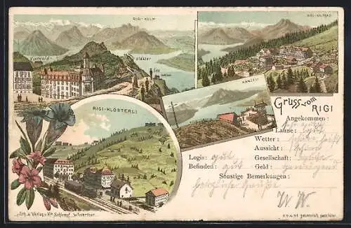 Lithographie Rigi, Rigi-Kaltbad, Rigi-Kulm, Rigi-Klösterli mit Eisenbahn, Rigi-Känzeli