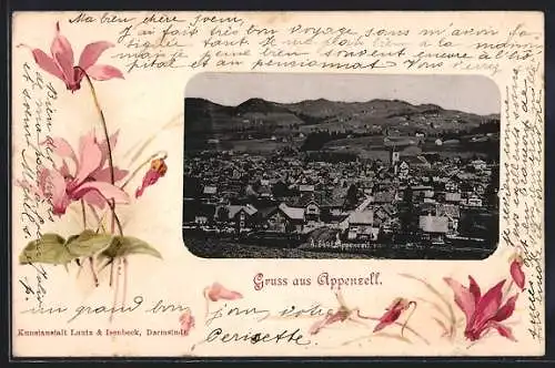 AK Appenzell, Stadtansicht im Alpenveilchen-Passepartout