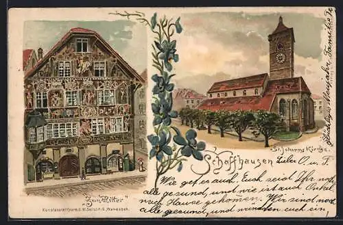 Lithographie Schaffhausen, Teilansichten Zum Ritter, St. Johanns Kirche