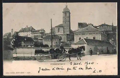 AK Porrentruy, Strassenpartie mit Kirche und Pferdekarren
