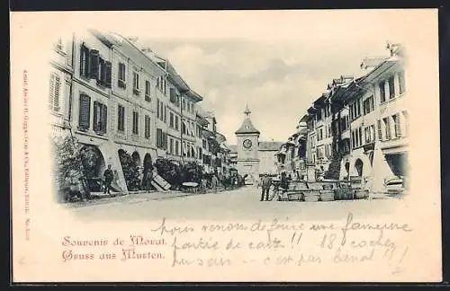 AK Murten, Strassenpartie mit Café und Apotheke