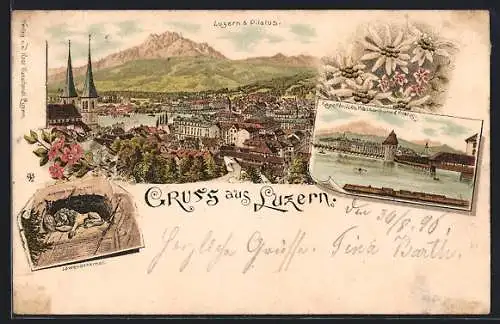 Lithographie Luzern, Kapellbrücke, Wasserturm, Pilatus