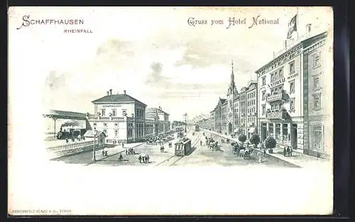 Lithographie Schaffhausen am Rheinfall, Hotel National