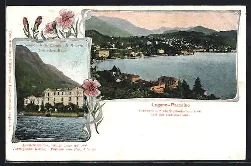 Lithographie Lugano, Pension Villa Carmen und Riviera, Deutsches Haus