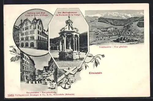 AK Einsiedeln, Rathaus und Post, Marienbrunnen, Hauptstrasse
