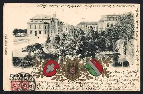 AK Neuchatel, Academie, Jardin Desop et Ecole de Commerce, Wappen