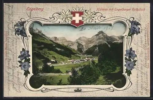 AK Engelberg, Hahnen mit Engelberger Rothstock, Passepartout mit Edelweiss