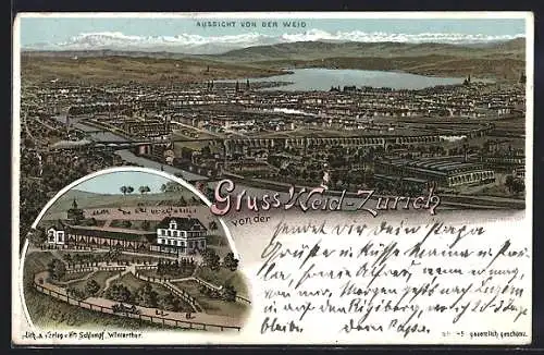 Lithographie Zürich, Gasthaus Weid, Panoramablick
