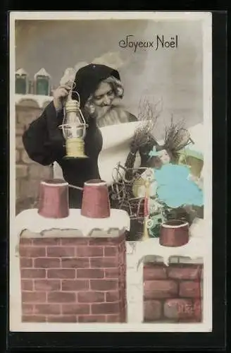 AK Weihnachtsmann mit Puppe und Öllampe im Schnee