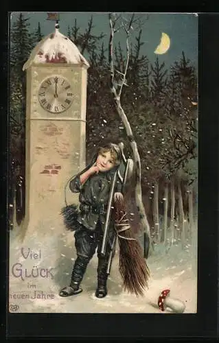 Lithographie Kleiner Schornsteinfeger um Mitternacht an einer Uhr