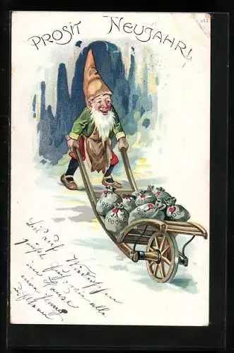 Künstler-AK Zwerg mit einer Schubkarre voller Geld zum neuen Jahr
