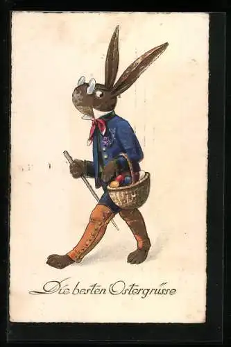 AK Osterhase mit Brille und Korb voller bunter Eier