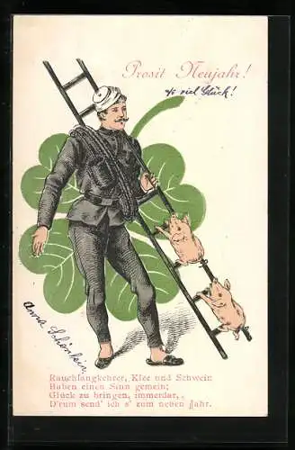 AK Schweine klettern an der Leiter des Schornsteinfegers empor, Kleeblatt, Neujahr