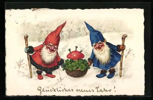AK Zwerge mit Fliegenpilz und Kleeblättern