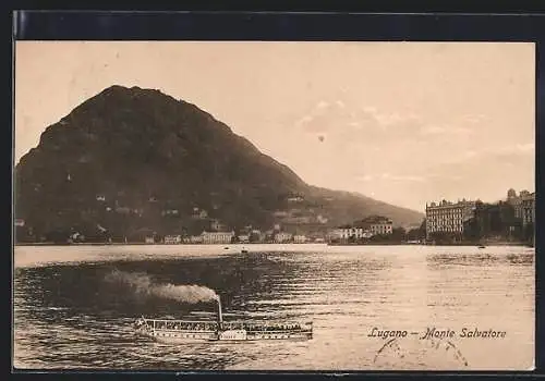 AK Lugano, Raddampfer auf dem See mit Monte Salvatore