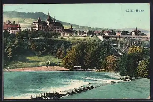 AK Bern, Flusspartie mit Eisenbahnbrücke
