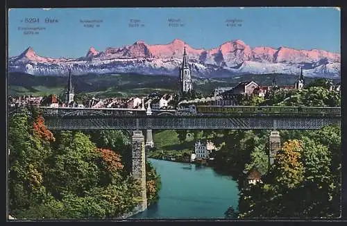 AK Bern, Eisenbahnbrücke mit Alpenpanorama