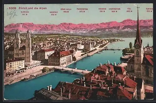 AK Zürich, Stadtansicht mit Alpenpanorama