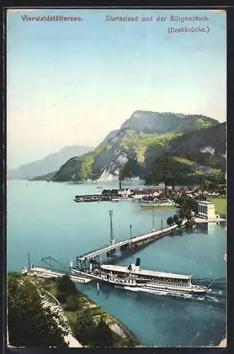 AK Stansstad, Hafenpartie mit Dampfschiff auf dem Vierwaldstättersee, Blick auf Bürgenstock
