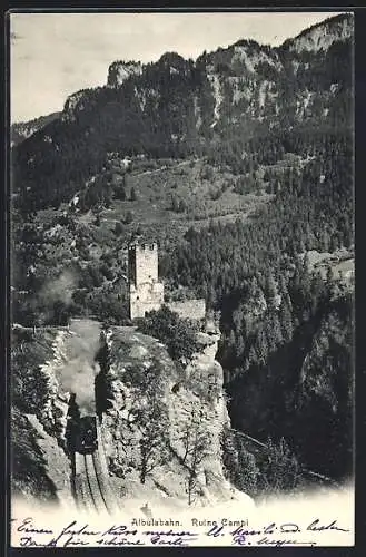 AK Sils im Domleschg, Blick auf die Ruine Campi an der Albulabahn