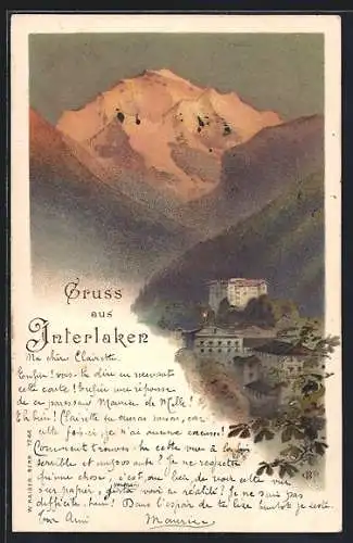 Künstler-AK Carl Biese: Interlaken, Teilansicht der Stadt bei Alpenglühen