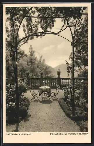 AK Castagnola-Lugano, Schlosshotel Pension Riviera, Terrasse mit Ausblick