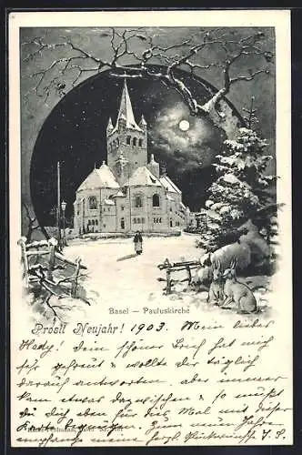 AK Basel, Pauluskirche im Winter