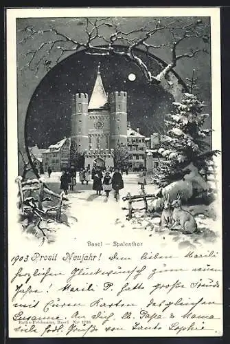 Lithographie Basel, Spalentor bei Mondschein, Neujahrsgruss, Passepartout