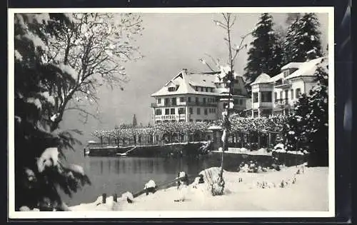 AK Weggis, Hotel Central a. See Familien Hofmann im Schnee, Neujahrsgruss