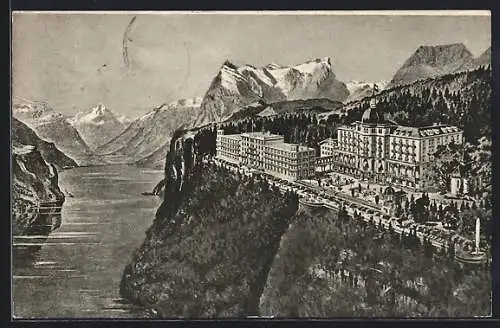 Künstler-AK Seelisberg /Vierwaldstättersee, Hotel Sonnenberg & Kurhaus