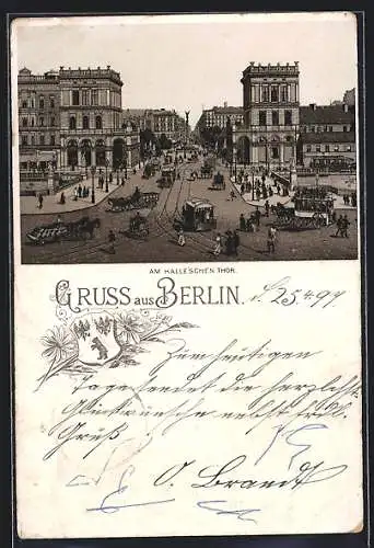 Lithographie Berlin-Kreuzberg, Strassenbahn am Halleschen Thor