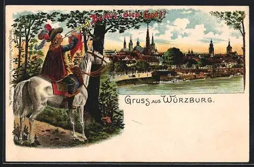 Lithographie Würzburg, Panorama und Trompeter