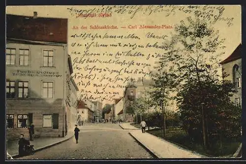 AK Neustadt /Orla, An der Schlosskirche am Carl Alexander-Platz mit Tuchhandlung Herm. Schweitzer