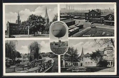 AK Bitterfeld, Ballon, Bahnhof, Rosengarten, Springbrunnen, 