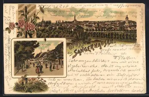 Lithographie Sangerhausen, Teilansicht, Marktplatz