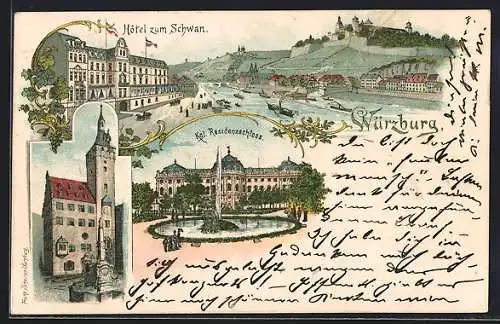 Lithographie Würzburg, Hotel zum Schwan, Kgl. Residenzschloss