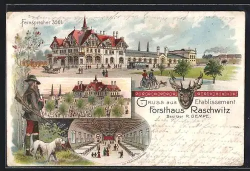 Lithographie Raschwitz, Gasthaus Forsthaus Raschwitz, Garten, Innenansicht