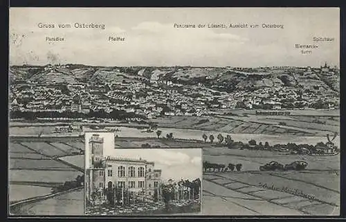 AK Osterberg /Lössnitz, Gasthaus, Panorama der Lössnitz mit Paradies, Spitzhaus und Pfeiffer, Passepartout