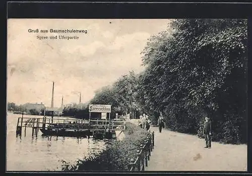 AK Berlin-Baumschulenweg, Spree und Uferpartie mit Überfahrt Spreeschloss