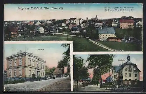 AK Mittelbach / Chemnitz, Ortsansicht aus der Vogelschau, Blick auf Pfarrhaus und Rathaus