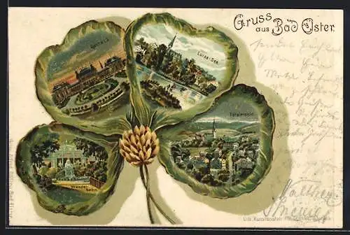 Passepartout-Lithographie Bad Elster, Kurhaus, Luisa-See und Wandelbahn im Kleeblatt