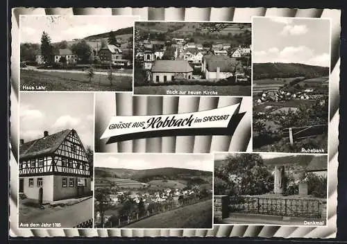 AK Hobbach, Haus Lahr, Denkmal, Ruhebank, Blick zur neuen Kirche