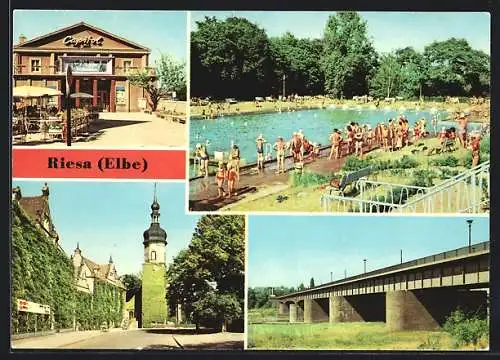 AK Riesa /Elbe, Filmtheater Capitol, Bad, Rathaus, Neue Elbbrücke