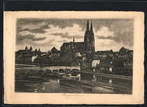 Künstler-AK Regensburg, Flusspartie mit Dom